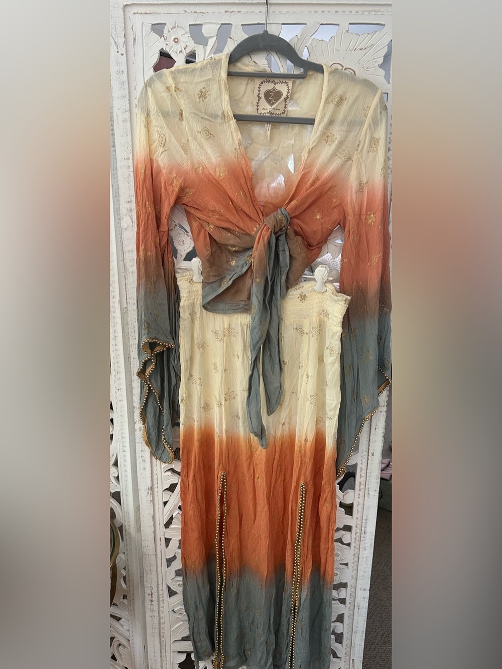 Boho Ombre Tie-Front Maxi Skirt Set in Cream, Rust & Slate